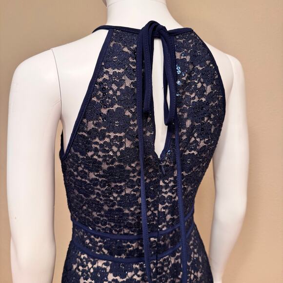 Nightway Navy Blue Lace Cocktail Dress Size 8 Sleeveless Sequin Halter Bodycon - Picture 7 of 13